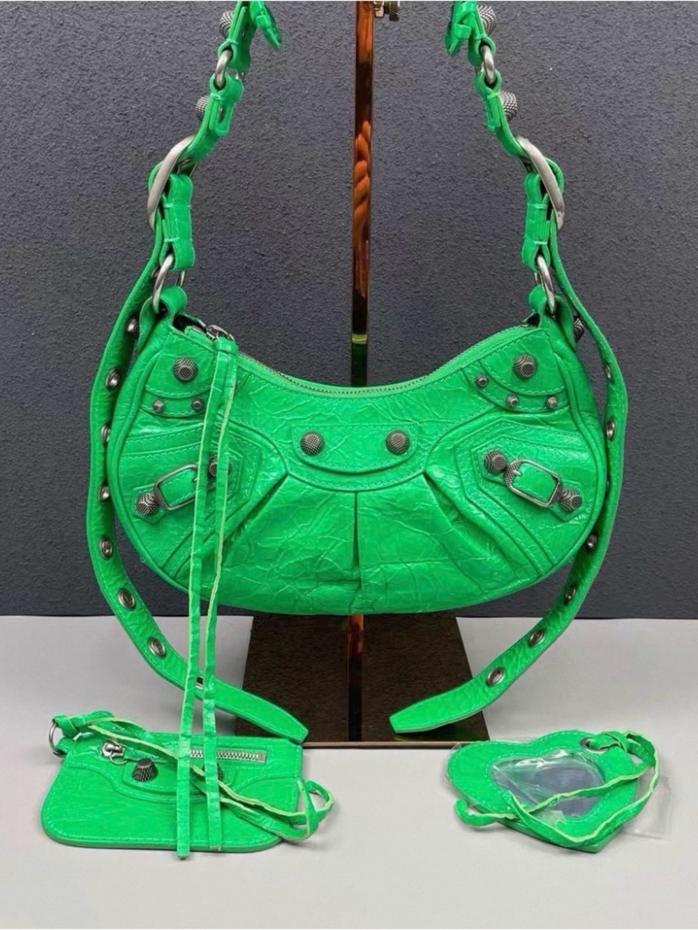 Balenciaga Green Croc-Texture Hobo Shoulder Bag with Studded Chain Strap